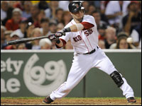 Second baseman Dustin Pedroia has his eyes on an eventual double against the Baltimore Orioles.