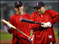 Red Sox oufielders Jacoby Ellsbury (left) and Coco Crisp joke before Game 4 of the ALDS.
