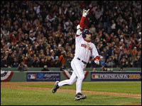 Jed Lowrie celebrates as he sees his game-winning single get through in Game 4 of the ALDS against the Angels.
