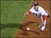 Dustin Pedroia makes a toss to first in Game 4 of the ALDS against the Angels at Fenway.