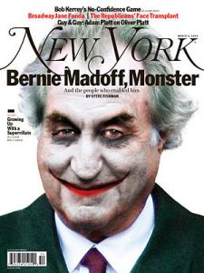 This image, provided by New York Magazine, shows the front cover of the magazine's March 2, 2009 edition, featuring an illustration portraying financier Bernard Madoff as the Joker character from the 'Batman' comic series.