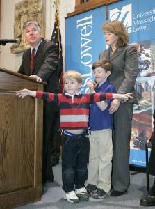 Newly appointed UMass-Lowell chancellor Martin T. Meehan addressed an audience on campus yesterday with his sons Daniel, 4, and Robert, 7, and wife, Ellen Murphy, by his side.