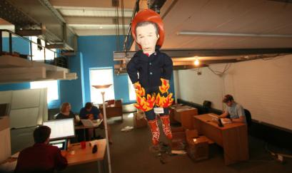 A 'liar, liar pants on fire' George Bush doll hangs in the office of ActBlue, a Cambridge-based online fund-raising organization.