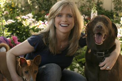 Courtney Thorne-Smith, with her dogs Ed (left) and Norman, is awaiting the arrival of her first baby and her first -- she stresses non-autobiographical -- novel.