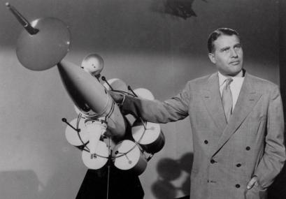 Wernher von Braun with his design for a rocket to take man to the moon, in the 1950s Disney film 'Tomorrow the Moon.'