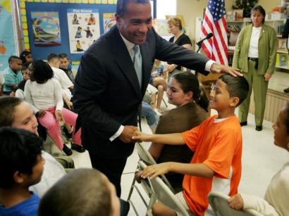 Governor Deval Patrick clowned with fifth-grader Chadrick Hernandez yesterday in Lynn, where the scores were announced.