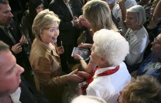 Senator Hillary Clinton of New York greeted supporters after speaking to a heavily union crowd in Cedar Rapids, Iowa.