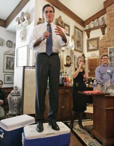 Mitt Romney, a Republican presidential hopeful, stood on a cooler as he spoke at a private home yesterday in Florence, S.C.