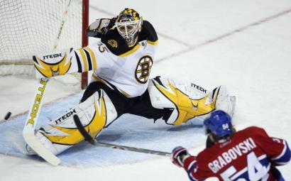 Bruins goalie Manny Fernandez was stretched to his limits, but still couldn't stop Canadien Mikhail Grabovski's wrist shot.