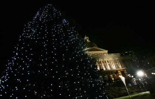 The Christmas tree at the State House was illuminated by 5,000 superefficient light-emitting diodes instead of traditional incandescent bulbs. The LEDs will save hundreds of dollars.