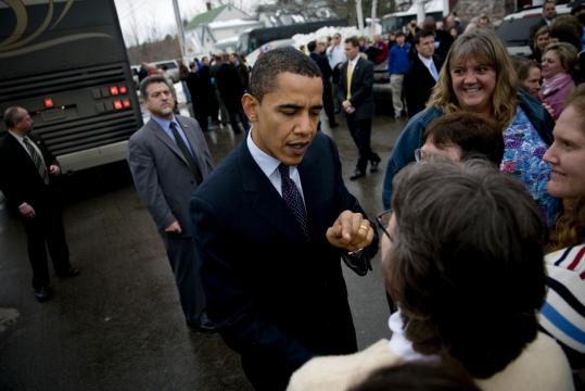 Presidential hopeful Barack Obama met with supporters at a coffee shop in New London, N.H., yesterday. He has been campaigning in the state after winning the Iowa Democratic caucuses.