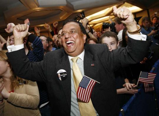 K.V. Kumar joined the cheering at a John McCain rally in Nashua last night. The candidate's primary win gives new life to a campaign that once was deemed moribund by many pundits.