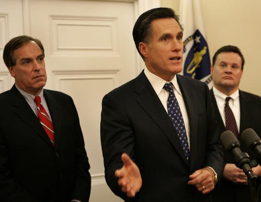Representative Brad Jones of North Reading (right), the House minority leader, is backing former governor Mitt Romney in the upcoming Massachusetts primary.