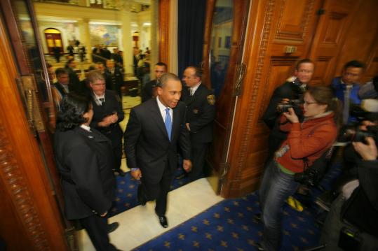 Governor Deval Patrick entered the House chambers before giving his State of the State address last night. Among the measures he called upon legislators to approve was his plan to license three resort casinos.