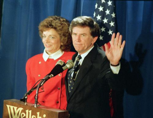 Democratic presidential hopeful Gary Hart was accompanied by his wife, Lee, as he announced his withdrawal from the 1988 presidential race. Hart's liaison with 29-year-old model Donna Rice, who had also been photographed sitting on his lap near a yacht named 'Monkey Business,' sank his campaign.
