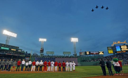 A military jet flyover highlighted pregame ceremonies at Fenway last year before the first game of the division series against the Angels. Playoff games will still be eligible for the flyby.