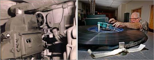 Richard Juskewicz in a projection booth in the 1960s (above left) at the VFW Drive-in in West Roxbury and (right) at Dedham Showcase a few weeks ago.