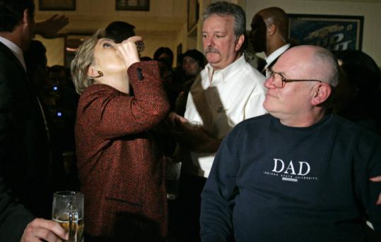 Hillary Clinton tossed back a shot of whiskey at Bronko's restaurant in Crown Point, Ind., last month. Finishing strong in the primaries has given the stubborn candidate street cred.