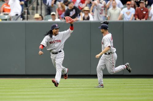 Manny then celebrated with center fielder Jonathan Van Every after making the catch, giving the high-five, and making the throw that led to the double-play on Aubrey Huff.