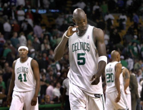 With less than two seconds left in Game 2 of the Eastern Conference Finals at the Garden Thursday night, Celtics forward Kevin Garnett (5) heads up court and the Pistons closed out the win.