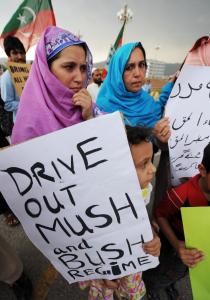 People who believe their relatives are detainees rallied against Musharraf and the United States in Islamabad, Pakistan.