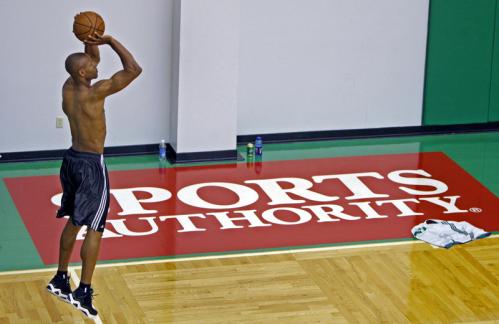 Celtics guard Ray Allen works on his shot after practice ended.