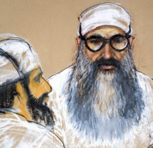 Khalid Sheik Mohammed (right) and Walid bin Attash were depicted at their arraignment.