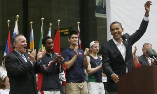 Senator Barack Obama spoke at a rally for the 2016 Olympics yesterday in Chicago, as Mayor Richard M. Daley (left) applauded. The Windy City is on a list of potential host cities.