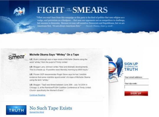Barack Obama's antismear website, fightthesmears.com, has the option to e-mail the message to others.