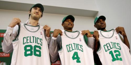 Celtics draft picks Semih Erden of Turkey (86), J.R. Giddens of New Mexico (4) and Bill Walker of Kansas State (12) posed together at the team's training facility in Waltham on Tuesday.