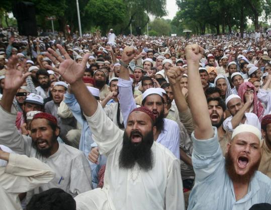 Supporters of the Red Mosque held a rally yesterday in Islamabad, Pakistan, to mark the anniversary of a raid on the facility.