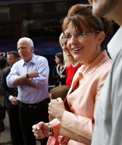 Governor Sarah Palin of Alaska, the Republican vice presidential candidate, campaigned outside Tom's Diner in Pittsburgh yesterday with running mate John McCain.