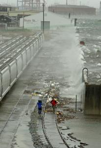 Waves crested over the Industrial Canal in New Orleans yesterday as Gustav made landfall.