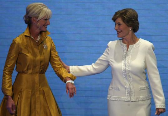 Cindy McCain and Laura Bush kicked off the Republican National Convention in St. Paul with a televised plea for aid to the victims of Hurricane Gustav.