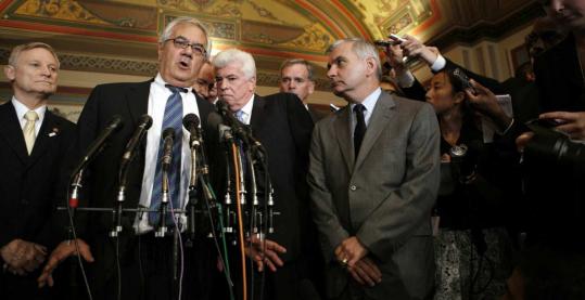 Barney Frank spoke to reporters after a meeting with other Congressional finance leaders. Standing alongside Frank (from left) were Representative Spencer Bachus, Republican of Alabama, Chris Dodd and Senator Jack Reed, a Rhode Island Democrat.