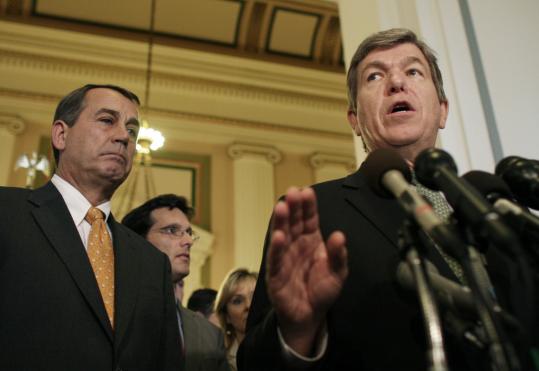 House Republican whip Roy Blunt (right) and House Republican leader John Boehner talked to reporters yesterday. There was guarded optimism about weekend bailout talks.