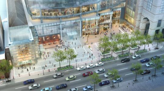 An artist's rendering of the new plaza at street level in front of the proposed 242-foot office building at 888 Boylston St.