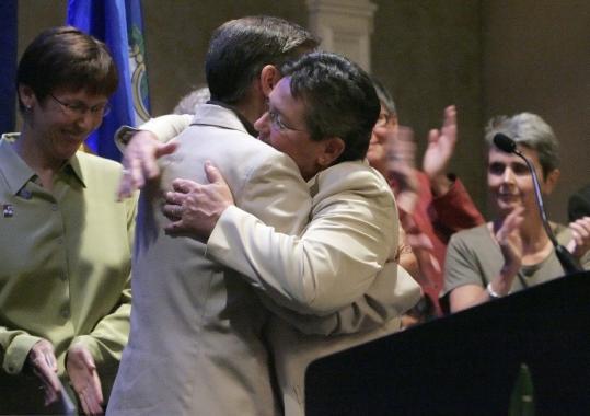 Janet Peck (left) embraced partner Carol Conklin after Connecticut became the third state in the country to make gay marriage legal.