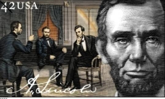 One of four Abraham Lincoln postage stamps unveiled yesterday in Springfield, Ill.