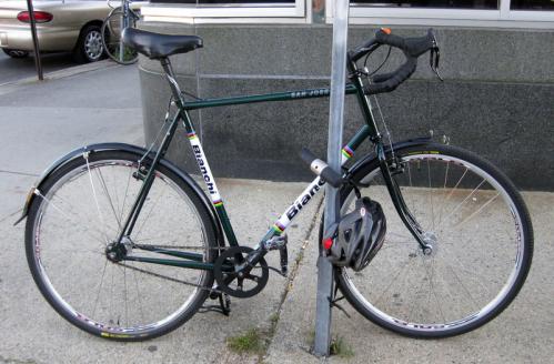 A fixed-gear Bianchi San Jose, which features brakes front and rear and full fenders — it's ready for all-weather riding.