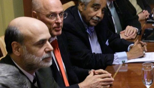 Federal Reserve chairman Ben Bernanke (left) and Treasury Secretary Henry Paulson (second from left) met with Democratic House leaders yesterday, including Barney Frank and House Speaker Nancy Pelosi.