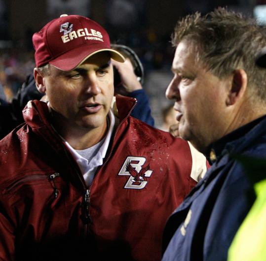 BC coach Jeff Jagodzinski (left) may very well find his team in a less prestigious bowl than Notre Dame and Charlie Weis.