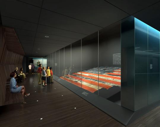 A dimly lit new exhibit hall at the remodeled Smithsonian Museum of American History is devoted to the Star-Spangled Banner.