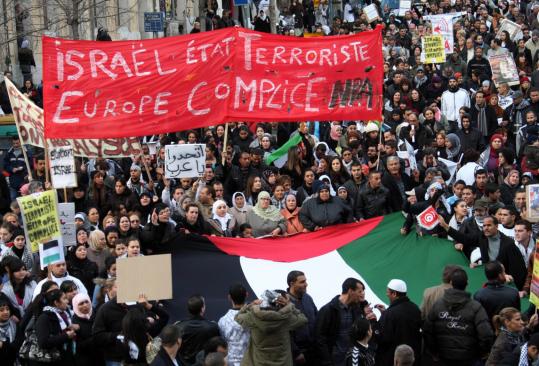 Demonstrators protested Israel's military operation in Gaza yesterday in Marseille, southern France. The banner said ''Israel terrorist state, Europe accomplice.''