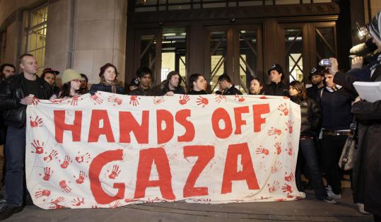 Protesters held a banner outside the BBC Broadcasting House in London. The television channel's refusal to broadcast a Gaza charity appeal has angered Palestinian supporters.