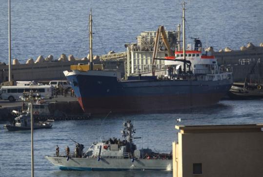A Lebanese ship docked next to an Israeli naval ship in the Israeli city of Ashdod yesterday. The Israeli navy intercepted the ship delivering supplies from Lebanon to the Gaza Strip.