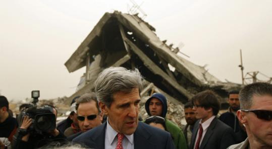 DEMOCRATS VISIT GAZA - Senator John F. Kerry toured a destroyed area in the Gaza Strip yesterday. Kerry, the chairman of the Foreign Relations Committee, was one of three congressional Democrats in the region. A7