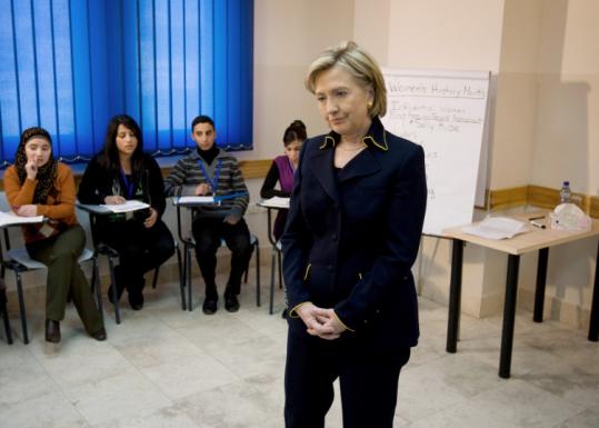 Hillary Rodham Clinton, visiting a Ramallah school yesterday, said aid is needed to ''alleviate the suffering'' in Gaza.
