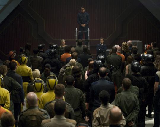 Edward James Olmos (center) as Admiral Adama in ''Battlestar Galactica.''