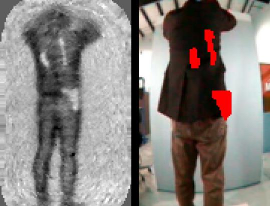 Millivision's scanner marks hidden objects in red on a video image (right); other systems outline a person's body (left).